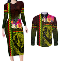 Hawaiian Reggae Music Couples Matching Long Sleeve Bodycon Dress and Long Sleeve Button Shirt Jamaica Singer Tribal Polynesian and Hibiscus LT03 Black - Polynesian Pride