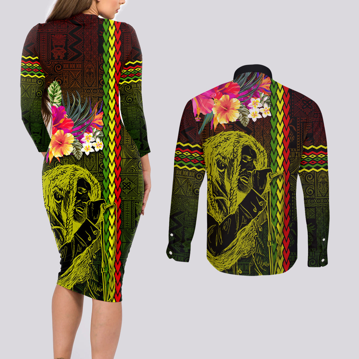 Hawaiian Reggae Music Couples Matching Long Sleeve Bodycon Dress and Long Sleeve Button Shirt Jamaica Singer Tribal Polynesian and Hibiscus LT03 - Polynesian Pride