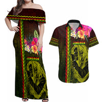 Hawaiian Reggae Music Couples Matching Off Shoulder Maxi Dress and Hawaiian Shirt Jamaica Singer Tribal Polynesian and Hibiscus LT03 Black - Polynesian Pride