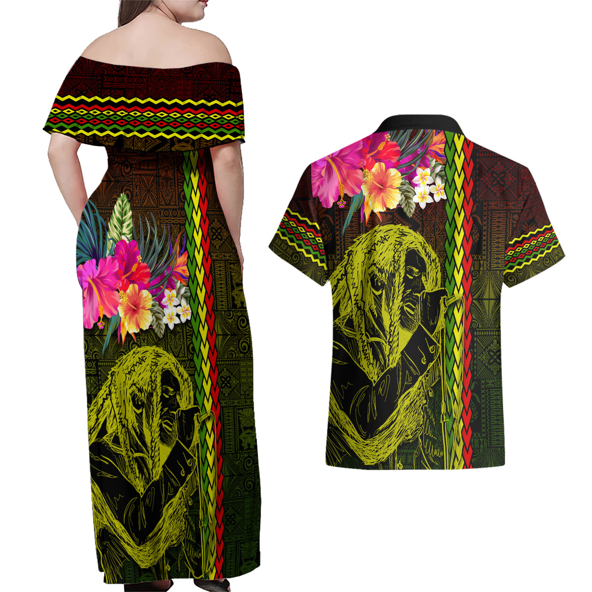Hawaiian Reggae Music Couples Matching Off Shoulder Maxi Dress and Hawaiian Shirt Jamaica Singer Tribal Polynesian and Hibiscus LT03 - Polynesian Pride
