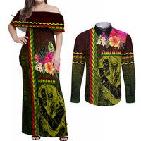 Hawaiian Reggae Music Couples Matching Off Shoulder Maxi Dress and Long Sleeve Button Shirt Jamaica Singer Tribal Polynesian and Hibiscus LT03 Black - Polynesian Pride