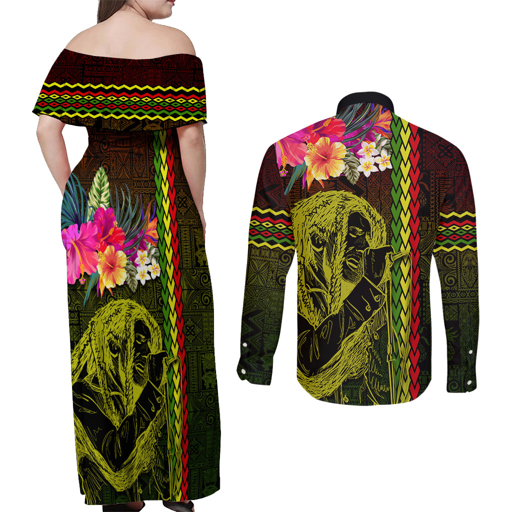 Hawaiian Reggae Music Couples Matching Off Shoulder Maxi Dress and Long Sleeve Button Shirt Jamaica Singer Tribal Polynesian and Hibiscus LT03 - Polynesian Pride