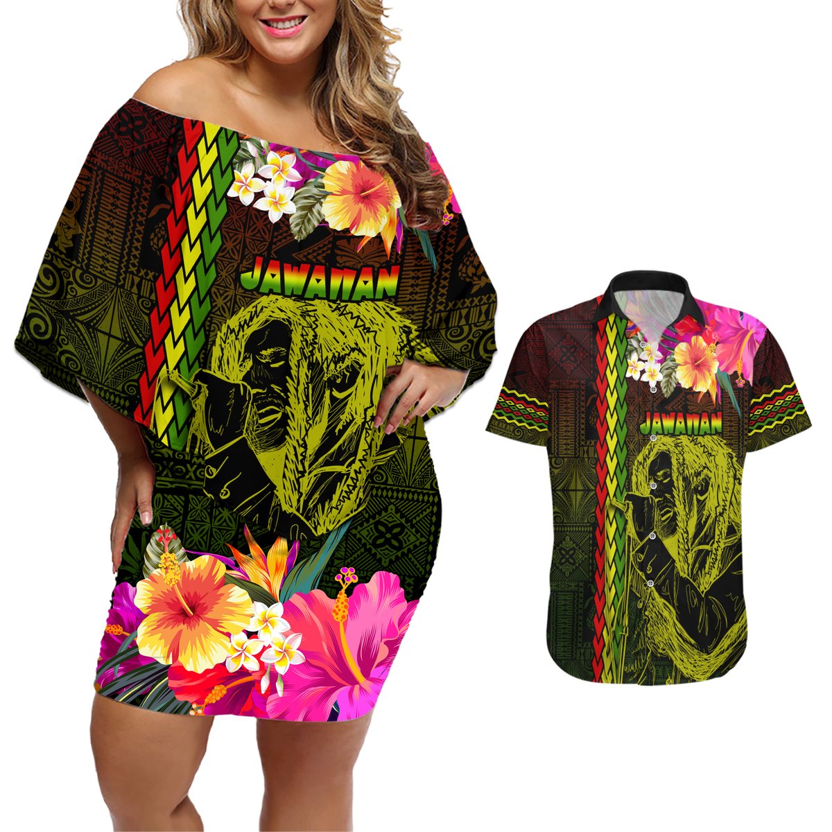 Hawaiian Reggae Music Couples Matching Off Shoulder Short Dress and Hawaiian Shirt Jamaica Singer Tribal Polynesian and Hibiscus LT03 Black - Polynesian Pride