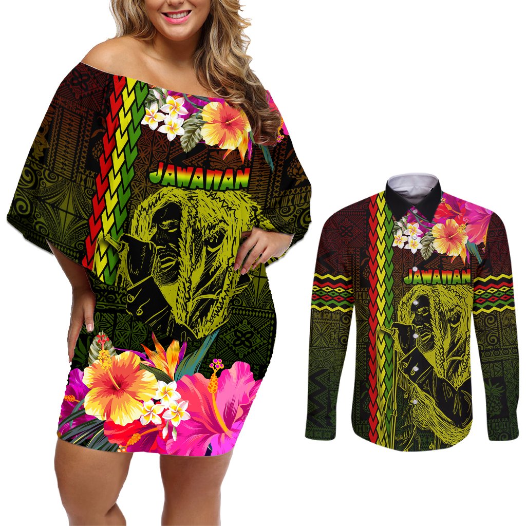 Hawaiian Reggae Music Couples Matching Off Shoulder Short Dress and Long Sleeve Button Shirt Jamaica Singer Tribal Polynesian and Hibiscus LT03 Black - Polynesian Pride
