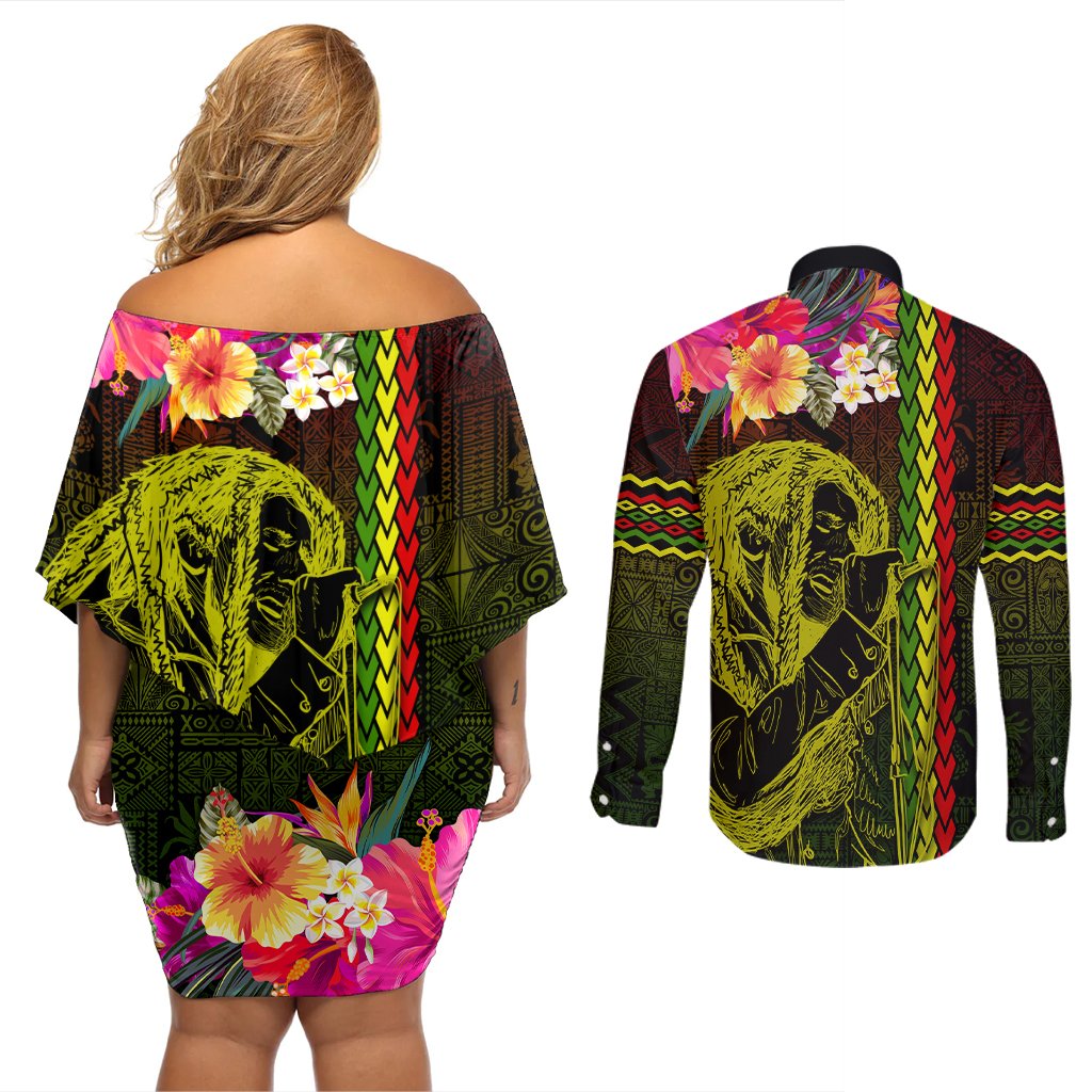 Hawaiian Reggae Music Couples Matching Off Shoulder Short Dress and Long Sleeve Button Shirt Jamaica Singer Tribal Polynesian and Hibiscus LT03 - Polynesian Pride