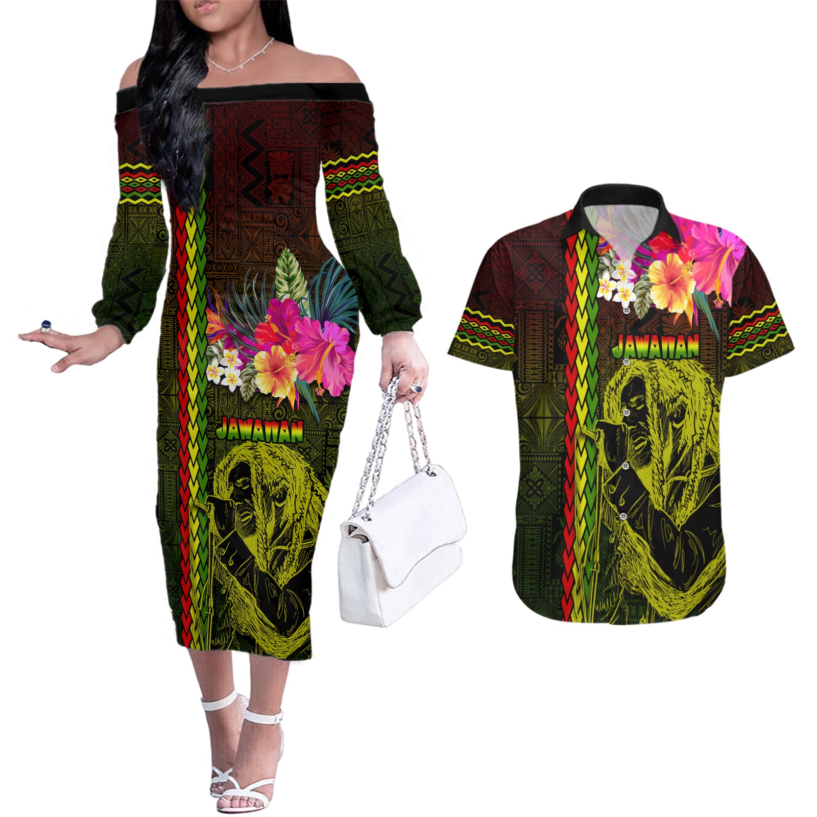 Hawaiian Reggae Music Couples Matching Off The Shoulder Long Sleeve Dress and Hawaiian Shirt Jamaica Singer Tribal Polynesian and Hibiscus
