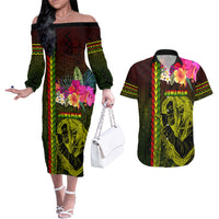 Hawaiian Reggae Music Couples Matching Off The Shoulder Long Sleeve Dress and Hawaiian Shirt Jamaica Singer Tribal Polynesian and Hibiscus LT03 Black - Polynesian Pride