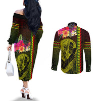 Hawaiian Reggae Music Couples Matching Off The Shoulder Long Sleeve Dress and Long Sleeve Button Shirt Jamaica Singer Tribal Polynesian and Hibiscus LT03 - Polynesian Pride