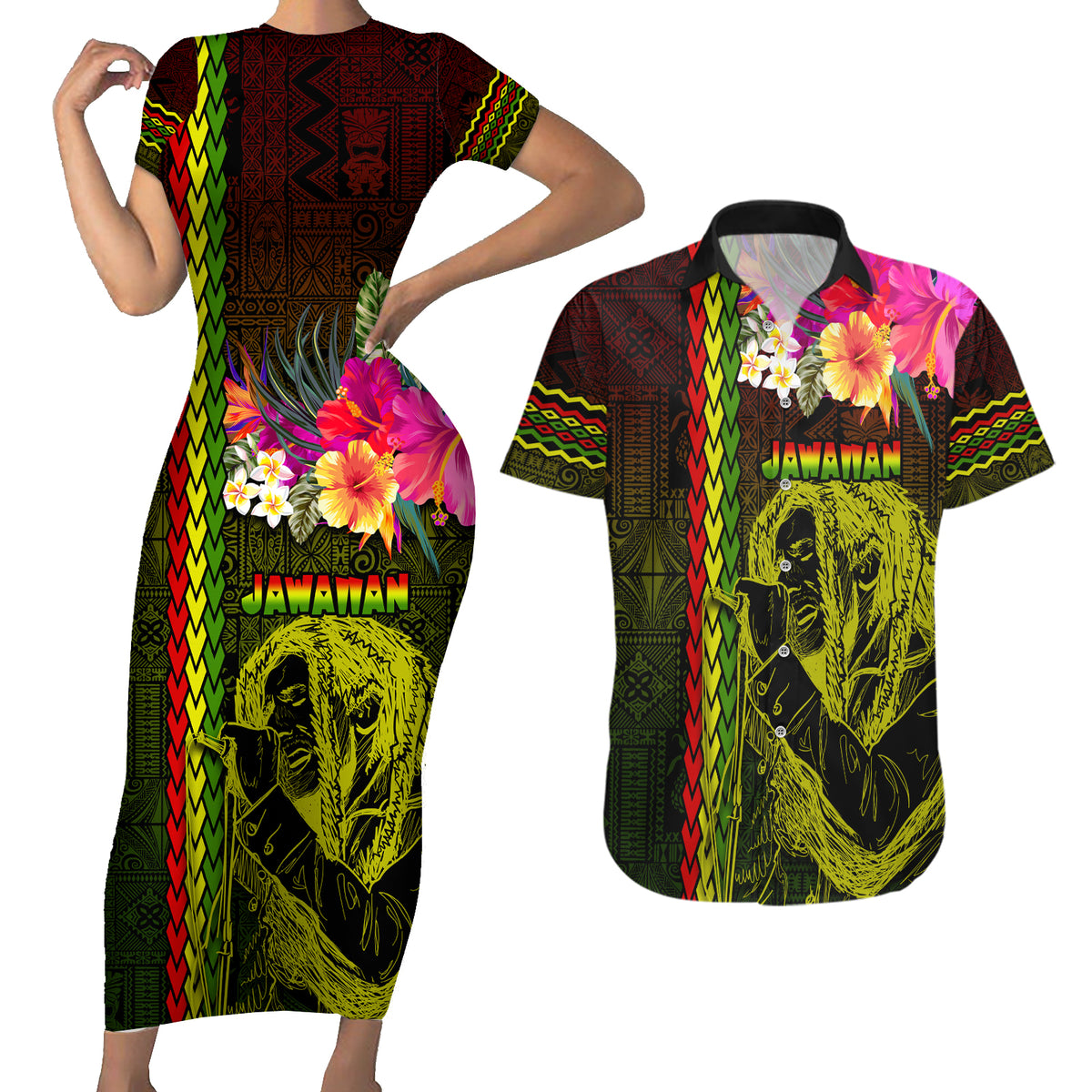 Hawaiian Reggae Music Couples Matching Short Sleeve Bodycon Dress and Hawaiian Shirt Jamaica Singer Tribal Polynesian and Hibiscus LT03 Black - Polynesian Pride