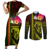 Hawaiian Reggae Music Couples Matching Short Sleeve Bodycon Dress and Long Sleeve Button Shirt Jamaica Singer Tribal Polynesian and Hibiscus LT03 Black - Polynesian Pride