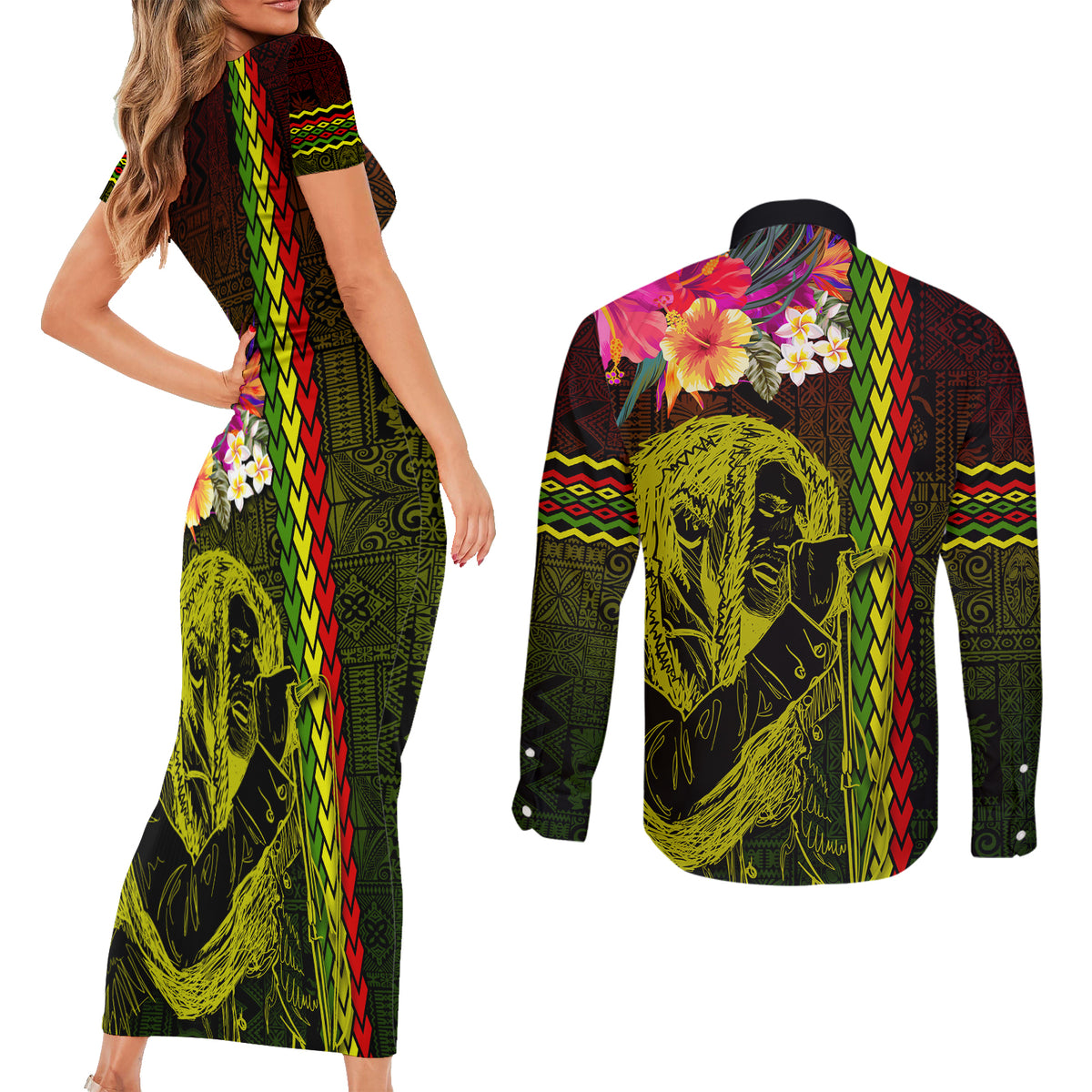 Hawaiian Reggae Music Couples Matching Short Sleeve Bodycon Dress and Long Sleeve Button Shirt Jamaica Singer Tribal Polynesian and Hibiscus LT03 - Polynesian Pride