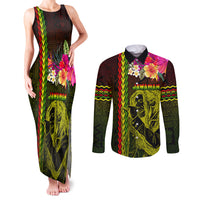 Hawaiian Reggae Music Couples Matching Tank Maxi Dress and Long Sleeve Button Shirt Jamaica Singer Tribal Polynesian and Hibiscus LT03 Black - Polynesian Pride