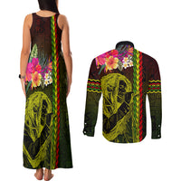 Hawaiian Reggae Music Couples Matching Tank Maxi Dress and Long Sleeve Button Shirt Jamaica Singer Tribal Polynesian and Hibiscus LT03 - Polynesian Pride