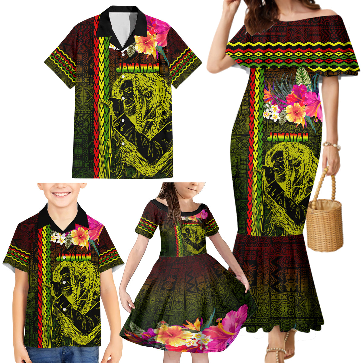 Hawaiian Reggae Music Family Matching Mermaid Dress and Hawaiian Shirt Jamaica Singer Tribal Polynesian and Hibiscus LT03 - Polynesian Pride