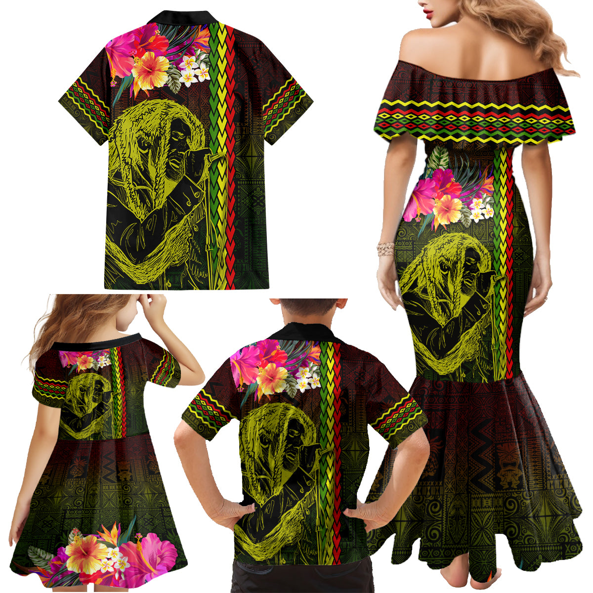 Hawaiian Reggae Music Family Matching Mermaid Dress and Hawaiian Shirt Jamaica Singer Tribal Polynesian and Hibiscus LT03 - Polynesian Pride