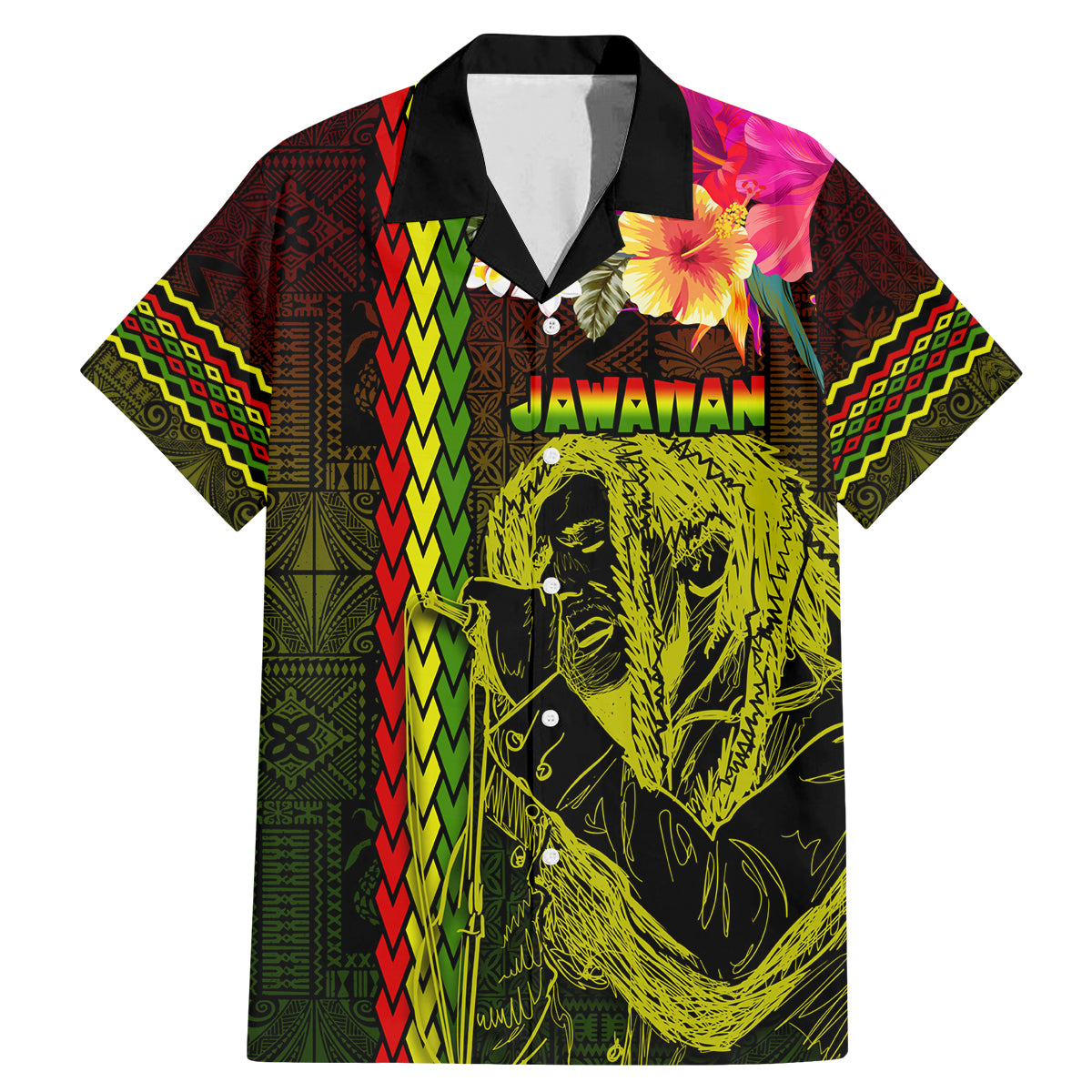 Hawaiian Reggae Music Family Matching Mermaid Dress and Hawaiian Shirt Jamaica Singer Tribal Polynesian and Hibiscus LT03 Dad's Shirt - Short Sleeve Black - Polynesian Pride