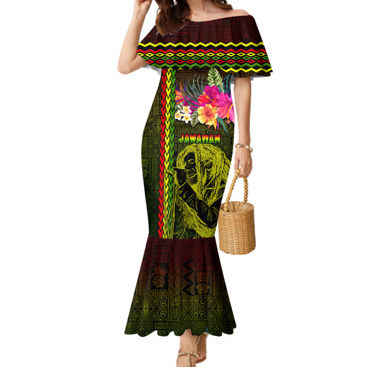 Hawaiian Reggae Music Family Matching Mermaid Dress and Hawaiian Shirt Jamaica Singer Tribal Polynesian and Hibiscus LT03 Mom's Dress Black - Polynesian Pride