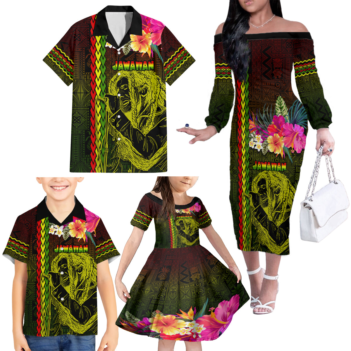 Hawaiian Reggae Music Family Matching Off The Shoulder Long Sleeve Dress and Hawaiian Shirt Jamaica Singer Tribal Polynesian and Hibiscus LT03 - Polynesian Pride