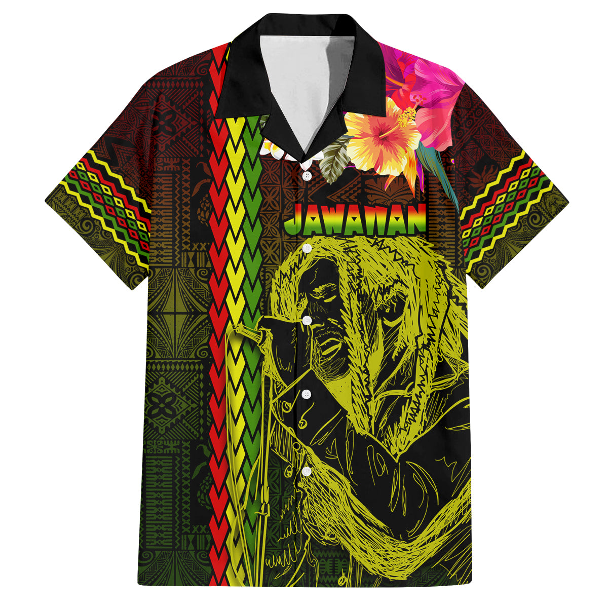 Hawaiian Reggae Music Family Matching Off Shoulder Maxi Dress and Hawaiian Shirt Jamaica Singer Tribal Polynesian and Hibiscus LT03 Dad's Shirt - Short Sleeve Black - Polynesian Pride