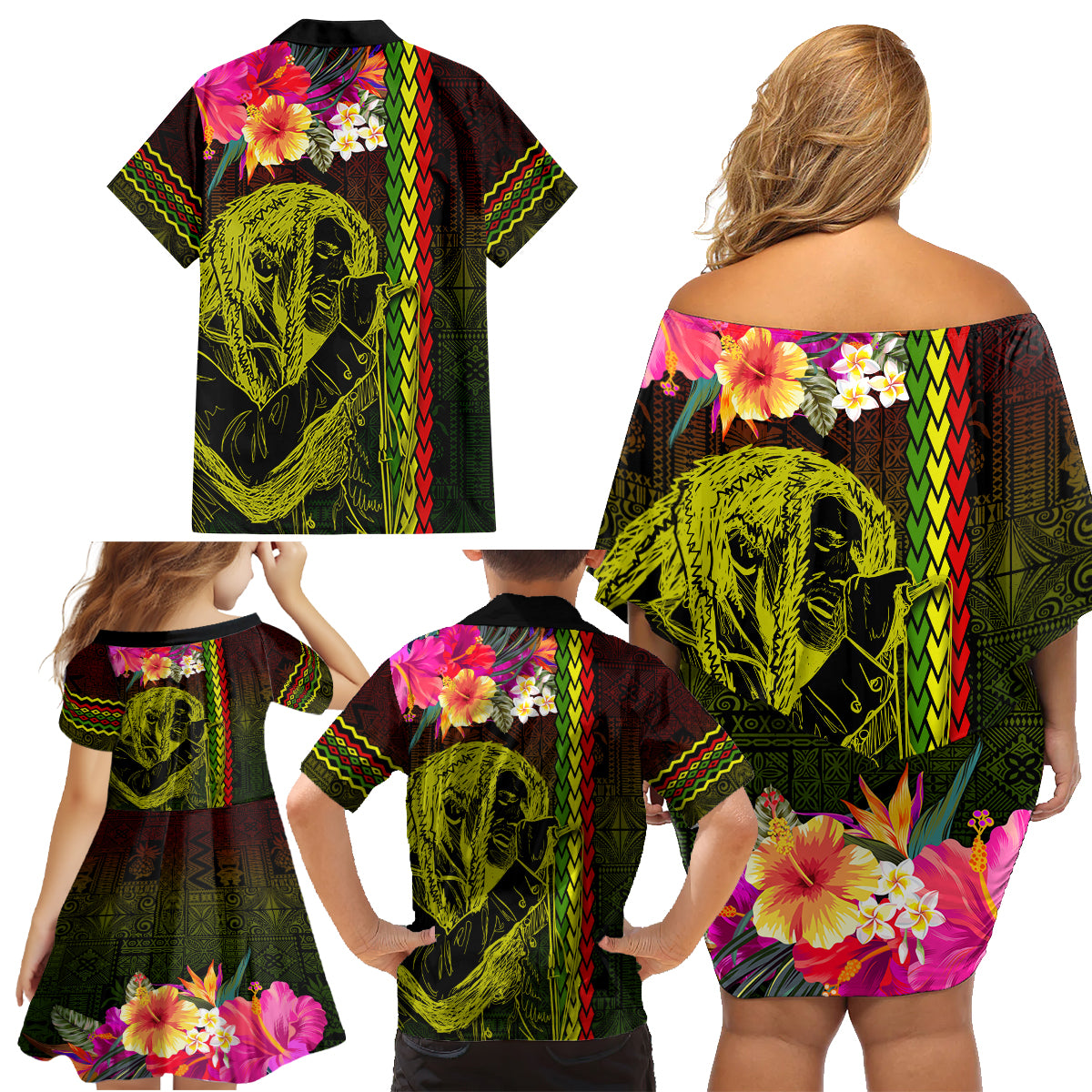 Hawaiian Reggae Music Family Matching Off Shoulder Short Dress and Hawaiian Shirt Jamaica Singer Tribal Polynesian and Hibiscus LT03 - Polynesian Pride