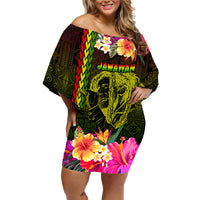 Hawaiian Reggae Music Family Matching Off Shoulder Short Dress and Hawaiian Shirt Jamaica Singer Tribal Polynesian and Hibiscus LT03 Mom's Dress Black - Polynesian Pride