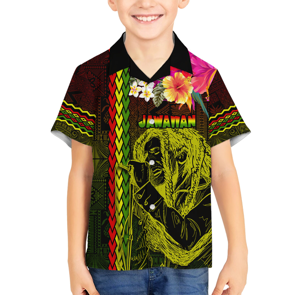 Hawaiian Reggae Music Family Matching Off Shoulder Short Dress and Hawaiian Shirt Jamaica Singer Tribal Polynesian and Hibiscus LT03 Son's Shirt Black - Polynesian Pride