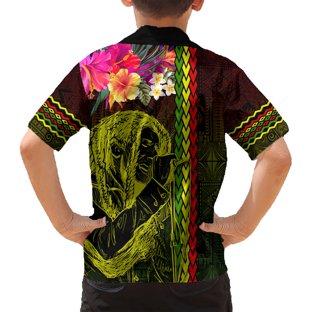 Hawaiian Reggae Music Family Matching Short Sleeve Bodycon Dress and Hawaiian Shirt Jamaica Singer Tribal Polynesian and Hibiscus LT03 - Polynesian Pride