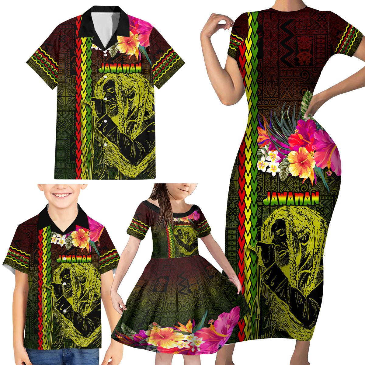 Hawaiian Reggae Music Family Matching Short Sleeve Bodycon Dress and Hawaiian Shirt Jamaica Singer Tribal Polynesian and Hibiscus LT03 - Polynesian Pride