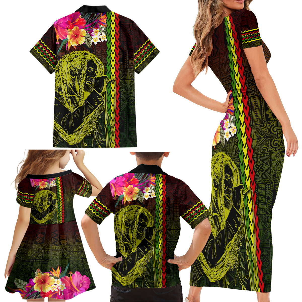 Hawaiian Reggae Music Family Matching Short Sleeve Bodycon Dress and Hawaiian Shirt Jamaica Singer Tribal Polynesian and Hibiscus LT03 - Polynesian Pride