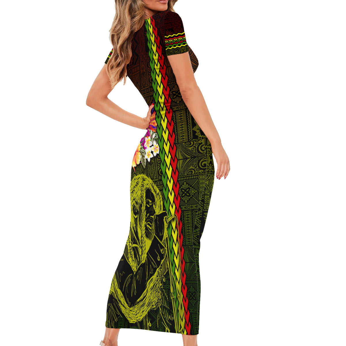Hawaiian Reggae Music Family Matching Short Sleeve Bodycon Dress and Hawaiian Shirt Jamaica Singer Tribal Polynesian and Hibiscus LT03 - Polynesian Pride