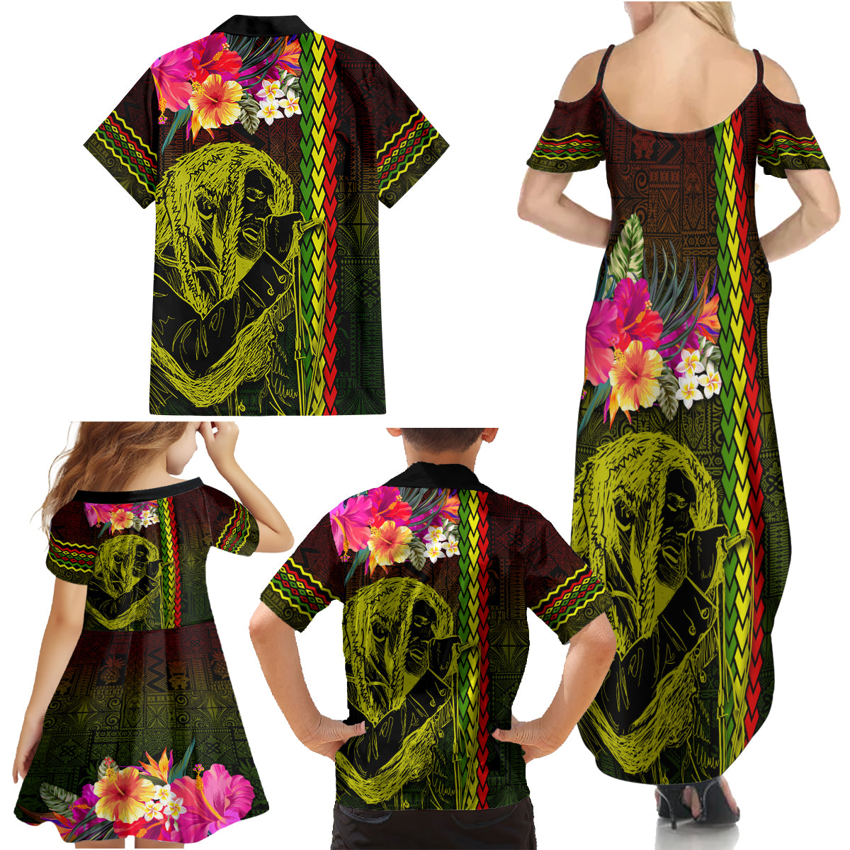 Hawaiian Reggae Music Family Matching Summer Maxi Dress and Hawaiian Shirt Jamaica Singer Tribal Polynesian and Hibiscus LT03 - Polynesian Pride