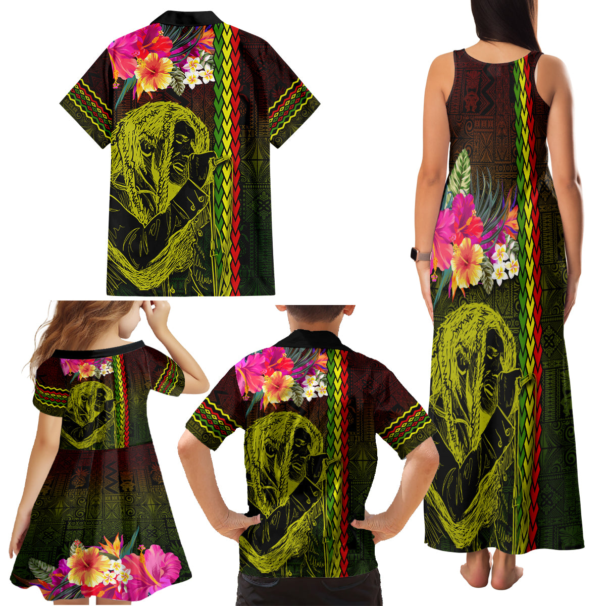 Hawaiian Reggae Music Family Matching Tank Maxi Dress and Hawaiian Shirt Jamaica Singer Tribal Polynesian and Hibiscus