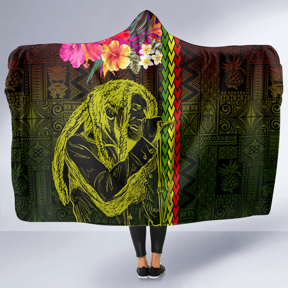 Hawaiian Reggae Music Hooded Blanket Jamaica Singer Tribal Polynesian and Hibiscus LT03 - Polynesian Pride