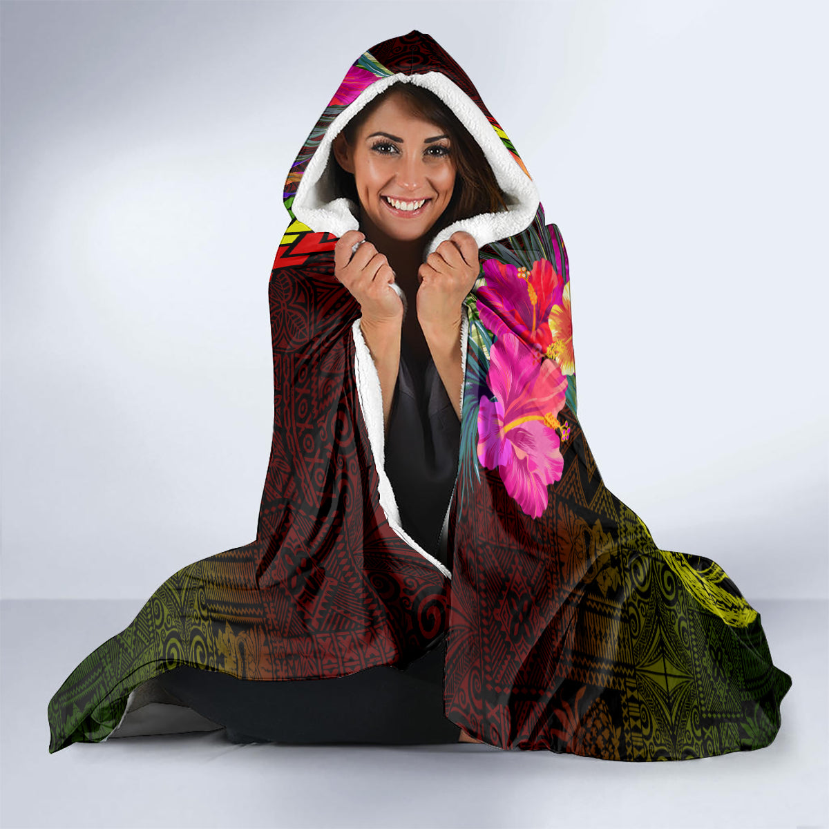 Hawaiian Reggae Music Hooded Blanket Jamaica Singer Tribal Polynesian and Hibiscus LT03 - Polynesian Pride