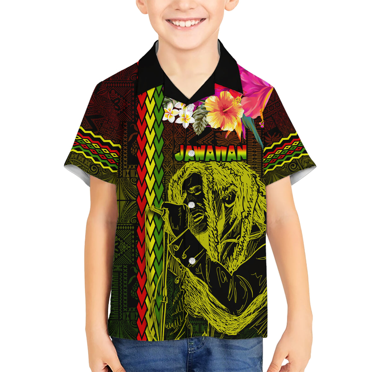 Hawaiian Reggae Music Kid Hawaiian Shirt Jamaica Singer Tribal Polynesian and Hibiscus LT03 Kid Black - Polynesian Pride