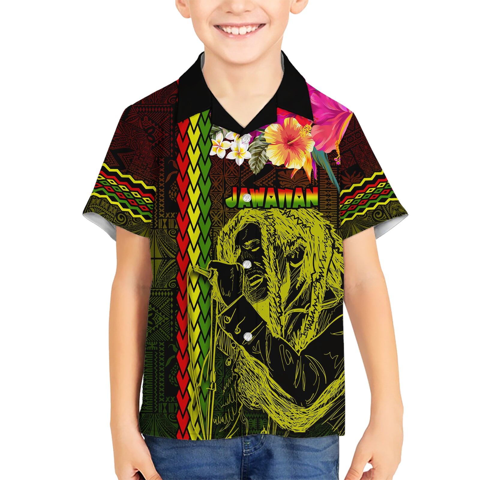 Hawaiian Reggae Music Kid Hawaiian Shirt Jamaica Singer Tribal Polynesian and Hibiscus LT03 Kid Black - Polynesian Pride