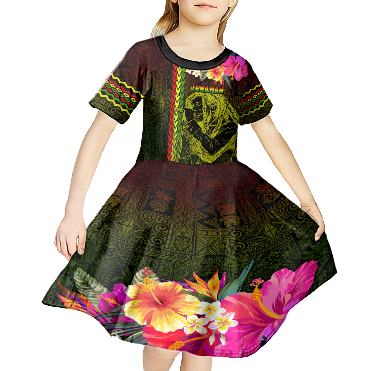 Hawaiian Reggae Music Kid Short Sleeve Dress Jamaica Singer Tribal Polynesian and Hibiscus LT03 - Polynesian Pride