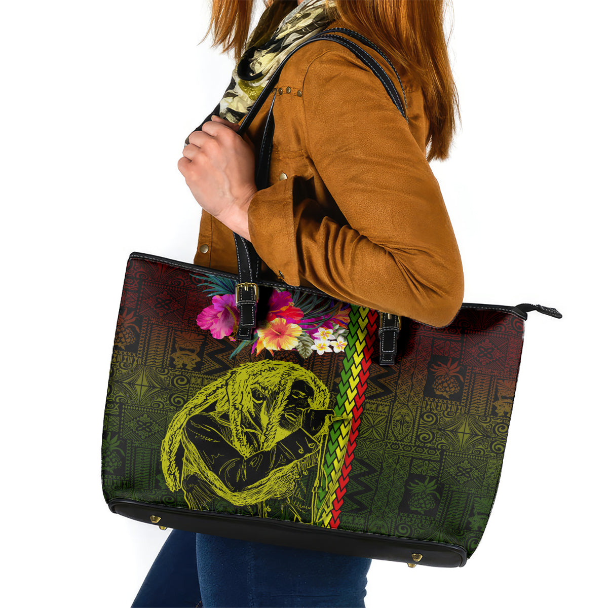 Hawaiian Reggae Music Leather Tote Bag Jamaica Singer Tribal Polynesian and Hibiscus LT03 Black - Polynesian Pride