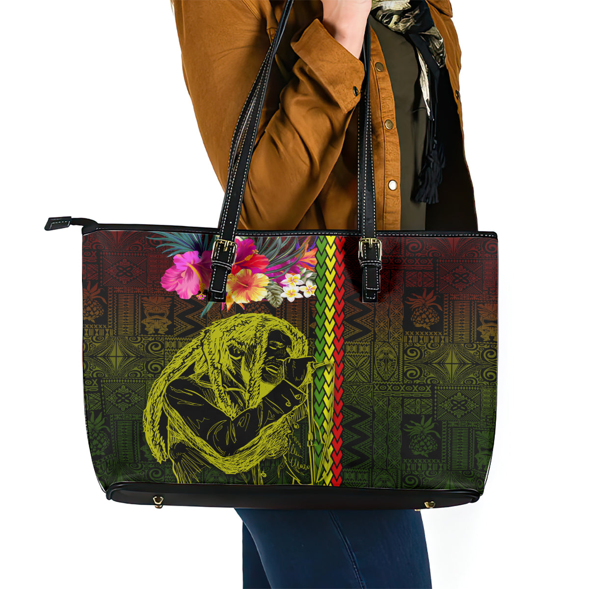 Hawaiian Reggae Music Leather Tote Bag Jamaica Singer Tribal Polynesian and Hibiscus LT03 - Polynesian Pride