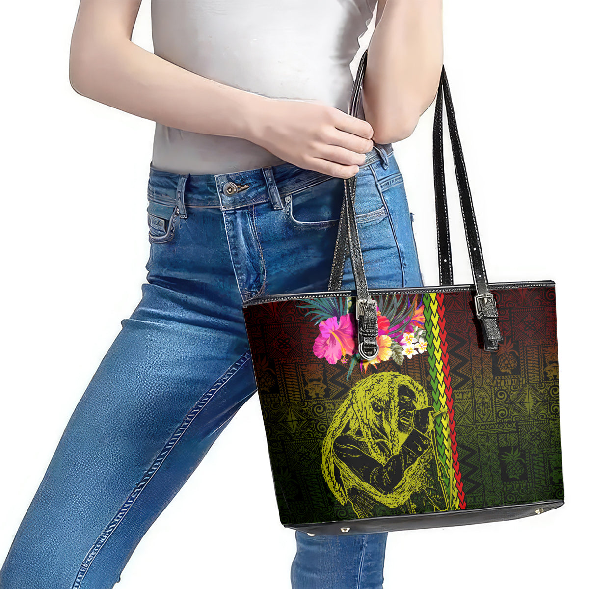 Hawaiian Reggae Music Leather Tote Bag Jamaica Singer Tribal Polynesian and Hibiscus LT03 - Polynesian Pride