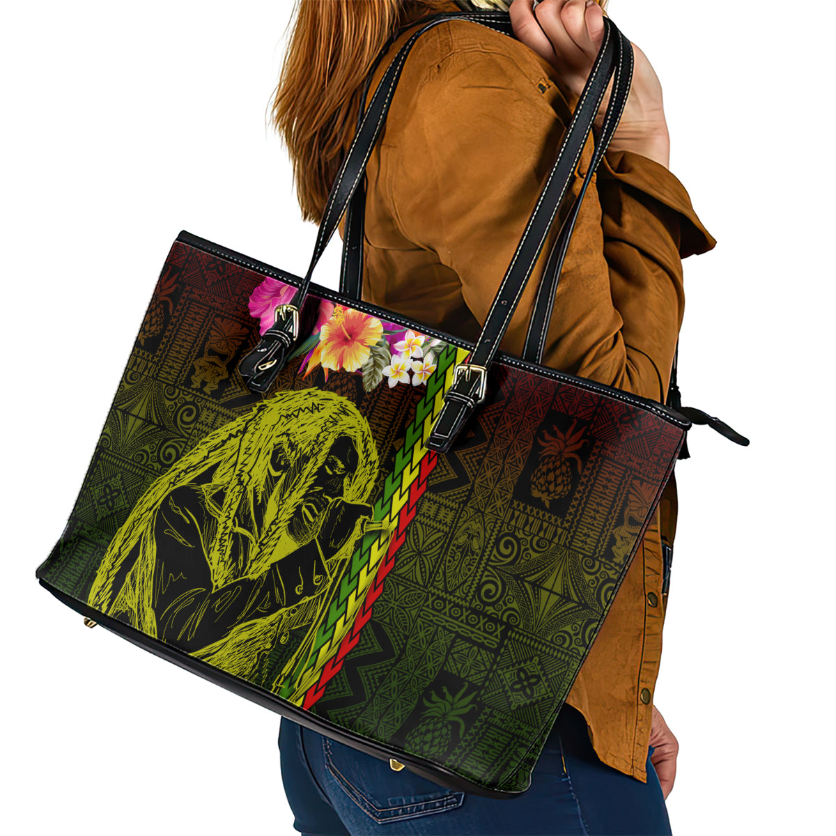 Hawaiian Reggae Music Leather Tote Bag Jamaica Singer Tribal Polynesian and Hibiscus LT03 - Polynesian Pride