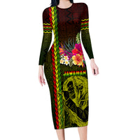 Hawaiian Reggae Music Long Sleeve Bodycon Dress Jamaica Singer Tribal Polynesian and Hibiscus LT03 Long Dress Black - Polynesian Pride