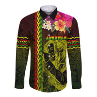 Hawaiian Reggae Music Long Sleeve Button Shirt Jamaica Singer Tribal Polynesian and Hibiscus LT03 Unisex Black - Polynesian Pride