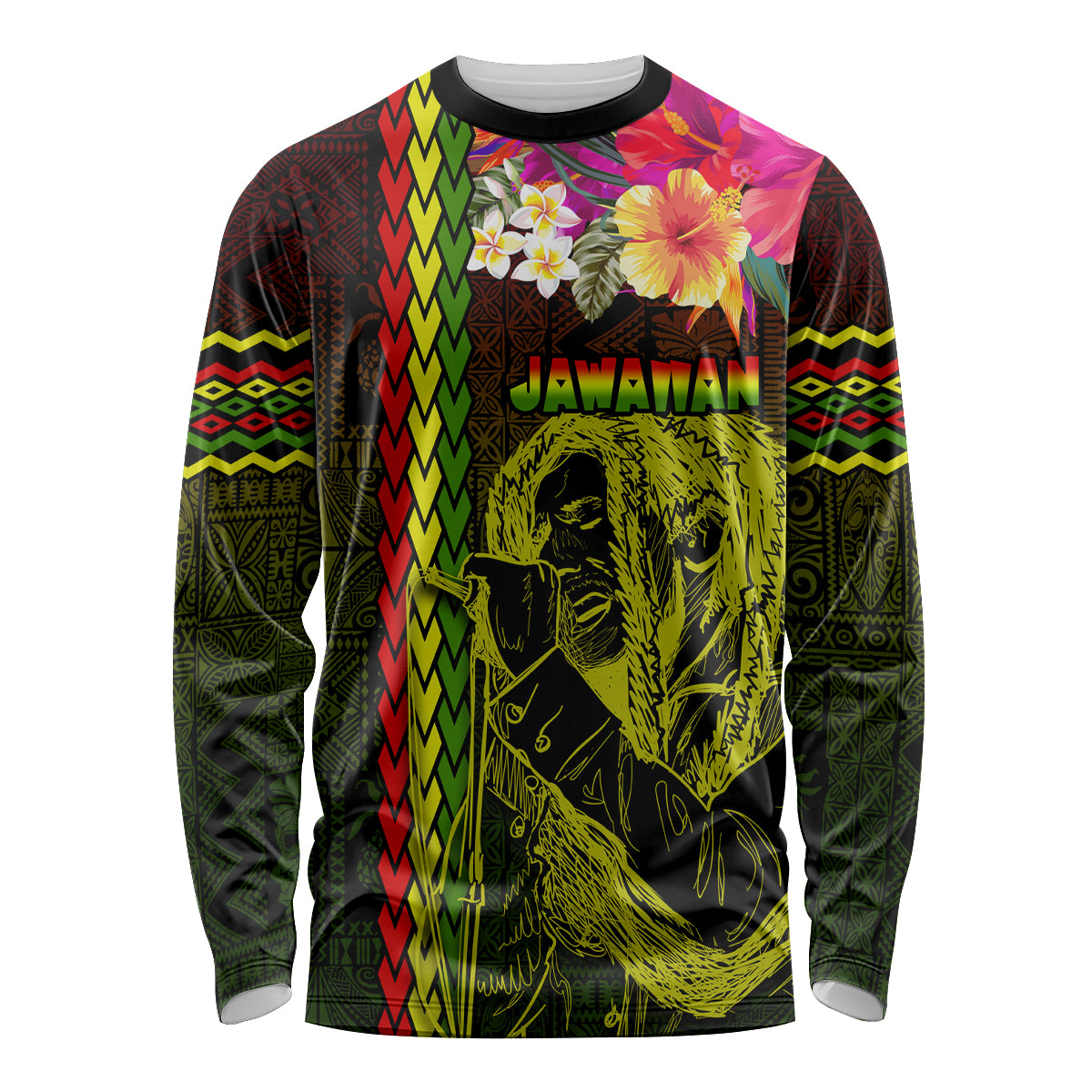 Hawaiian Reggae Music Long Sleeve Shirt Jamaica Singer Tribal Polynesian and Hibiscus LT03 Unisex Black - Polynesian Pride