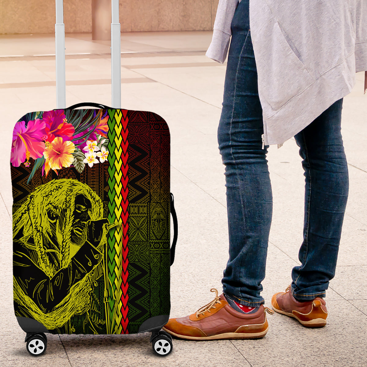 Hawaiian Reggae Music Luggage Cover Jamaica Singer Tribal Polynesian and Hibiscus LT03 Black - Polynesian Pride