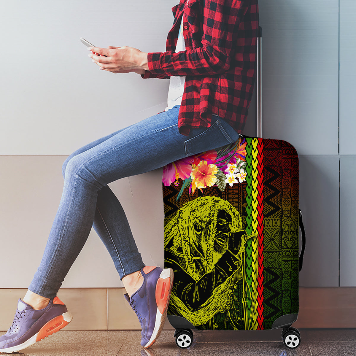 Hawaiian Reggae Music Luggage Cover Jamaica Singer Tribal Polynesian and Hibiscus LT03 - Polynesian Pride