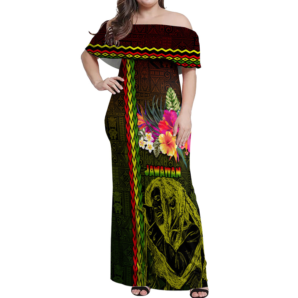 Hawaiian Reggae Music Off Shoulder Maxi Dress Jamaica Singer Tribal Polynesian and Hibiscus LT03 Women Black - Polynesian Pride