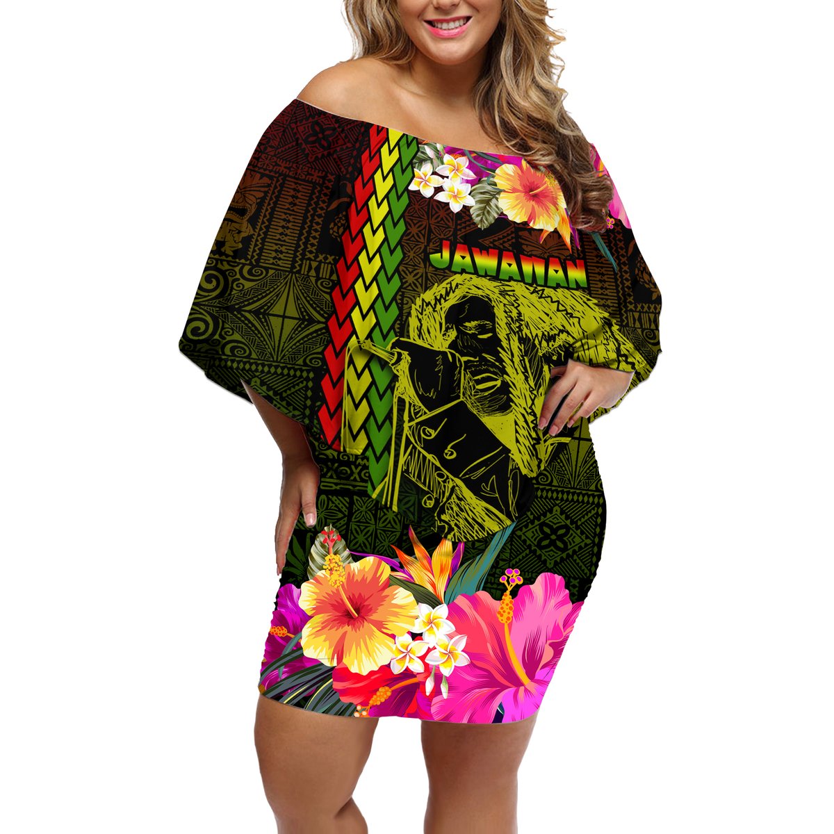 Hawaiian Reggae Music Off Shoulder Short Dress Jamaica Singer Tribal Polynesian and Hibiscus LT03 Women Black - Polynesian Pride