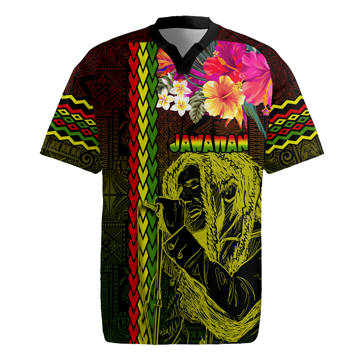 Hawaiian Reggae Music Rugby Jersey Jamaica Singer Tribal Polynesian and Hibiscus LT03 Black - Polynesian Pride