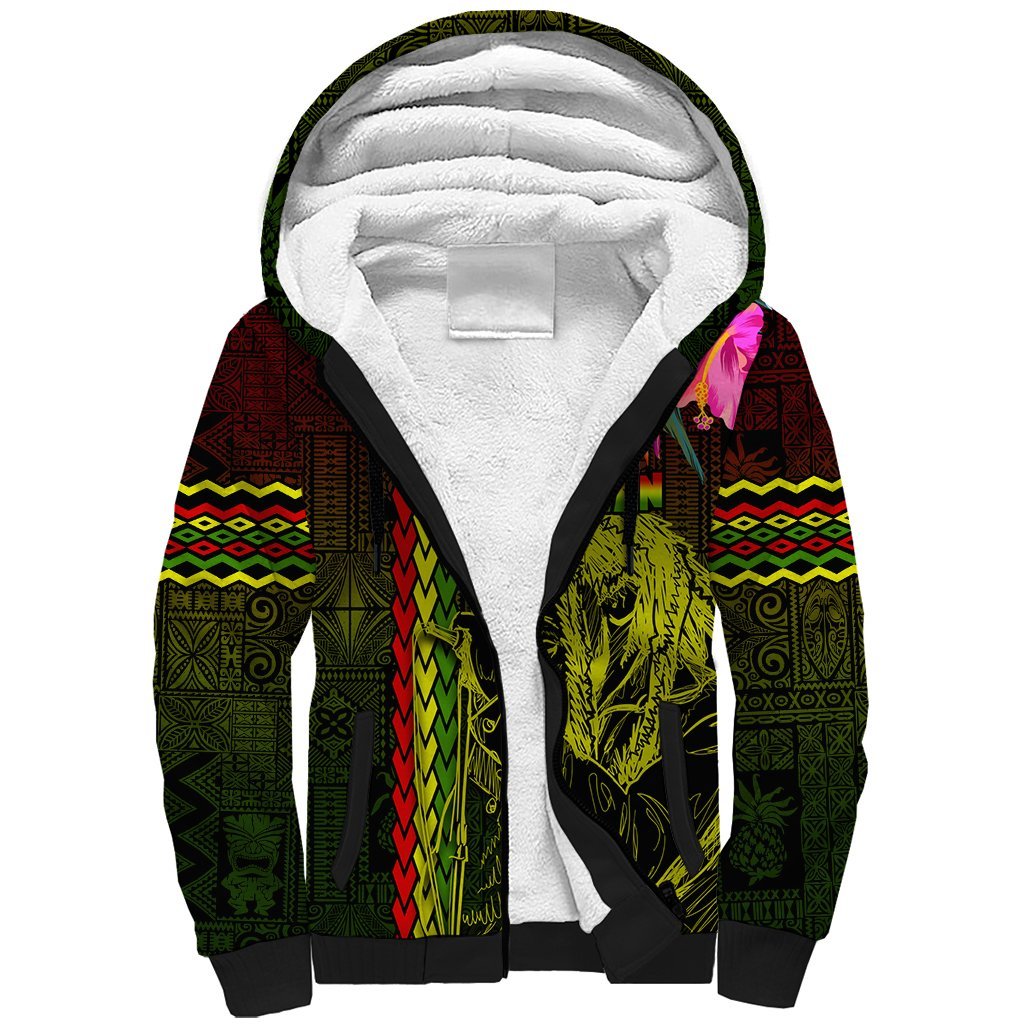 Hawaiian Reggae Music Sherpa Hoodie Jamaica Singer Tribal Polynesian and Hibiscus LT03 Unisex Black - Polynesian Pride